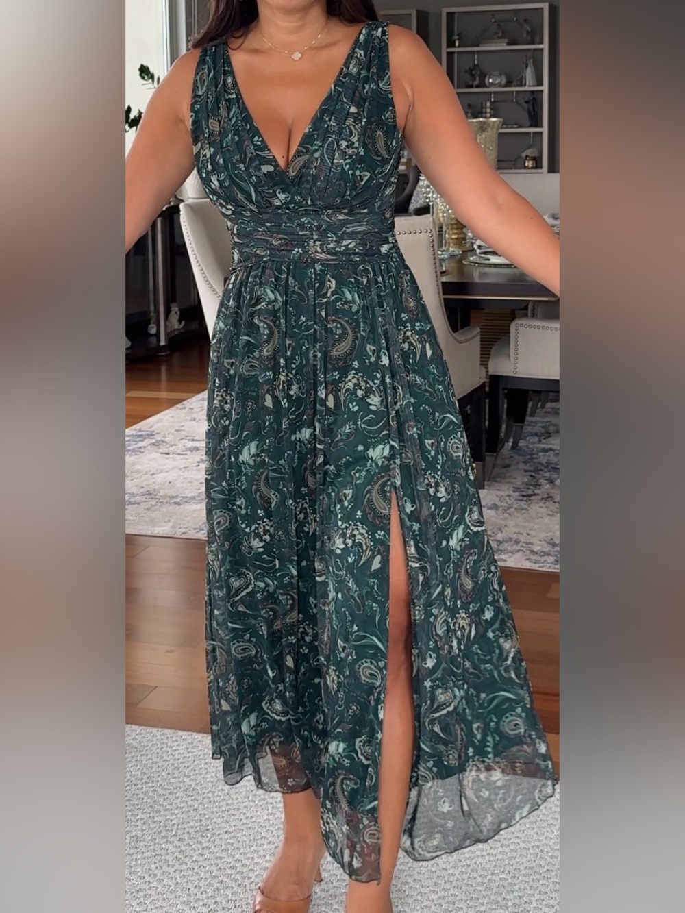 Paisley Dark Green Maxi dress with Side Slit